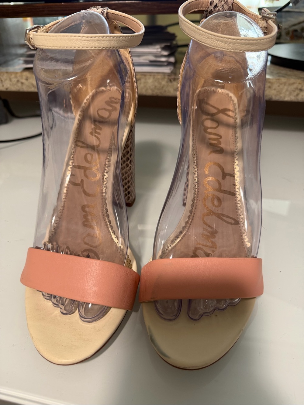 Sam Edelman Peach and Snake Skin Block Heel Sandals